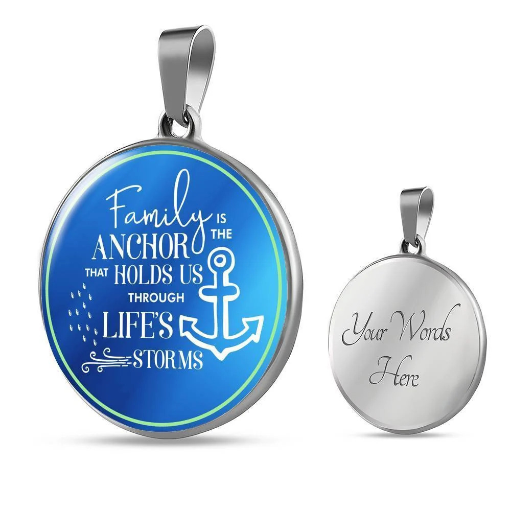 Family Is The Anchor Circle Pendant Necklace Stainless Steel 24 Inch Chain Silv